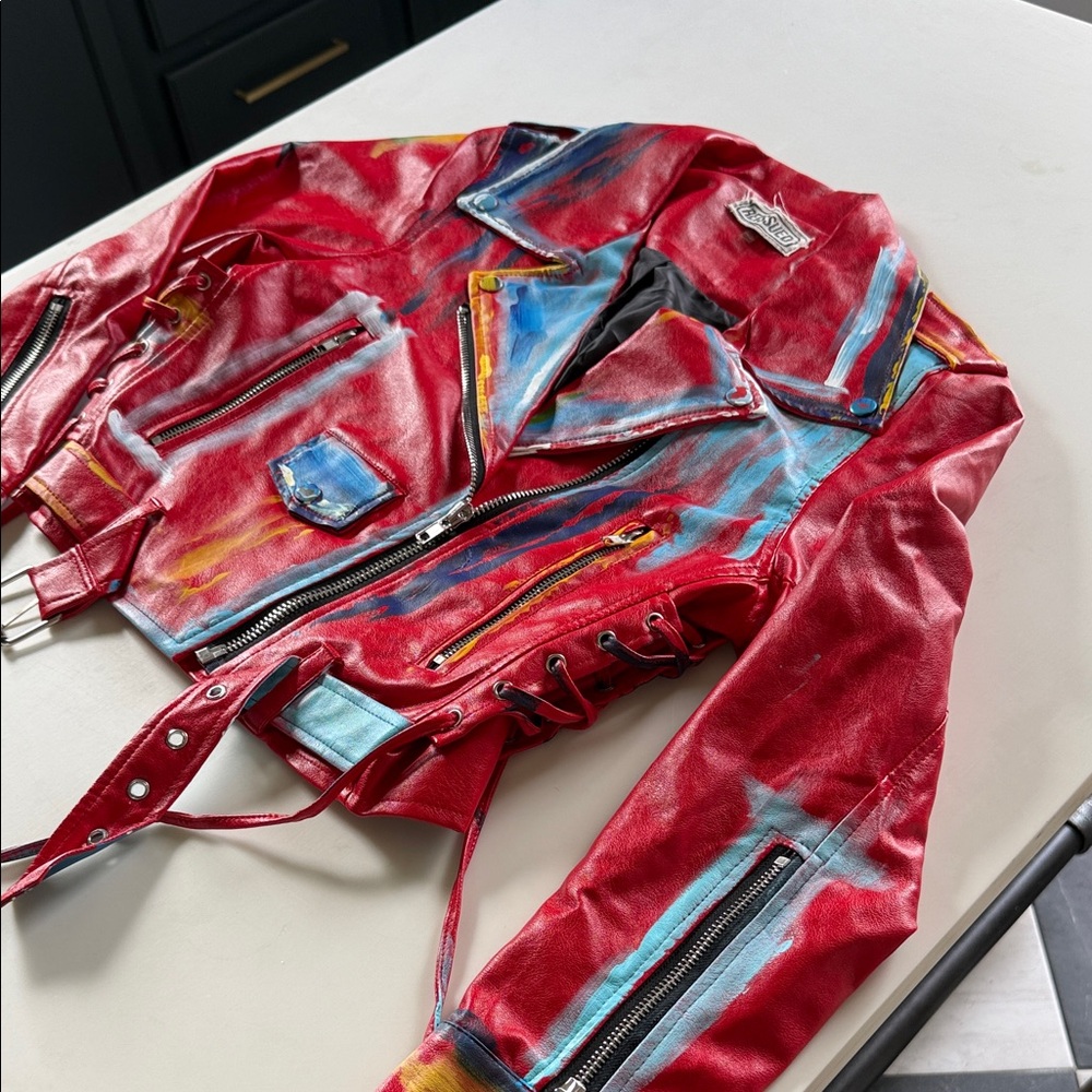 Hand Painted Red Faux Leather Biker Jacket Women’s XS - Picture 5 of 6